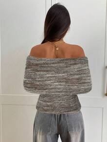 Aloruh Women's Sexy & Elegant Off-Shoulder Ruched Fitted Long Sleeve Knit T-Shirt - Grey - View 2