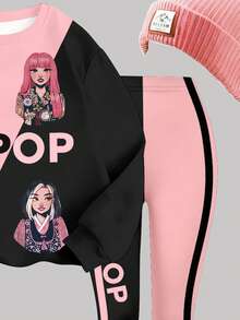 2pcs Young Girls Casual K-Pop Cartoon Character Print Long Sleeve Crew Neck Sweatshirt And Knit Leggings Set, Colorblock Graphic, Comfortable Knit Long Sleeve Outfit For Girls, Suitable For Autumn/Winter - Multicolor - View 4