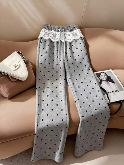 Franclia Long Grey Knitted Fabric Wide Leg Sweatpants For Women Casual Polka Dot Pants With Delicate Lace Accent