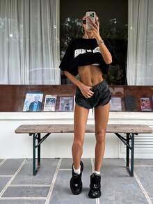 Muchica 女士灰色水洗松紧腰修身休闲短裤 - 黑色 - 查看 4