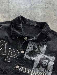 AXEPEAK Men's Washed Printed Jacket, Fashionable Lapel Casual Outerwear - Black - View 4