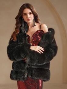 Anewsta 秋冬新款时尚淑女仿狐狸毛大衣，时尚毛茸茸面料外套 - 黑色 - 查看 7