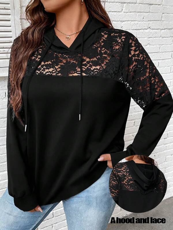 Auvina Plus Size Women Sexy Sheer Lace Hooded Drawstring Lightweight Sweatshirt