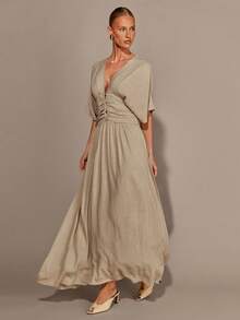 COSMINA Vestido de mujer de cuello en V profundo y manga corta, versátil para la oficina, el transporte y el uso diario, para todas las estaciones