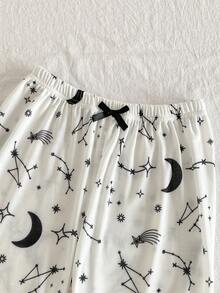 SHEIN 2件套女童简约时尚星月印花吊带短裤+长裤睡衣套装 - 黑色 - 查看 7