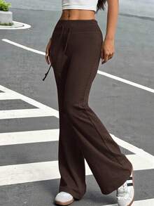 SHEIN EZwear 抽绳腰部喇叭腿运动裤 - 棕色 - 查看 3