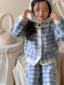 DAZY 2pcs/Set Young Girls Plaid Korean Style Cute Sweater Long Sleeve Jacket And Knitted Long Pants, Autumn