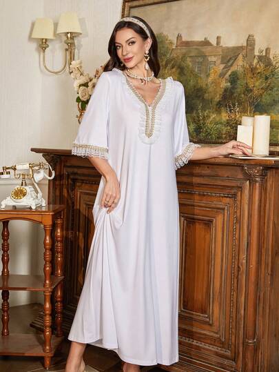 PalaceNights 时尚金色蕾丝拼接V领宽松休闲长款睡裙 白色睡裙 睡衣 复古睡裙 女士睡裙