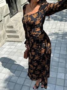 Chiquease Women's Spring/Autumn Vacation Style Allover Floral Print Square Neck Tie-Front Ruffle Sleeve Cinched Waist High Slit Hem Dress - Multicolor - View 4