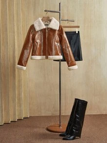 Anewsta Chaqueta corta de mezcla de piel sintética brillante marrón y lana, con adorno de piel elegante, adecuada para otoño, invierno, salidas, elegante, chic, formal