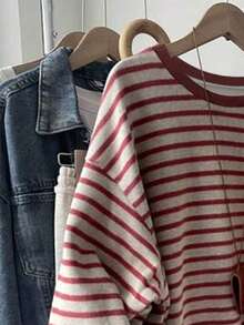 SHEIN 女士条纹印花爱心刺绣圆领长袖套头卫衣 - 彩色 - 查看 3