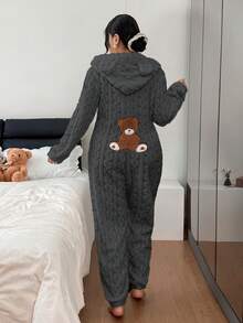 Dream Adore Plus Size Women's Animal Pattern Teddy Bear Embroidery Jacquard Cozy Hooded Jumpsuit Pajamas - Grey - View 2