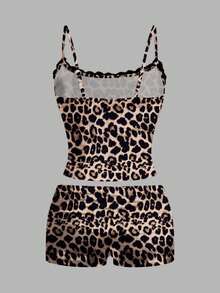 SHEIN EZwear 女士休闲豹纹蕾丝吊带背心短裤两件套，适合夏季穿着 - 彩色 - 查看 2