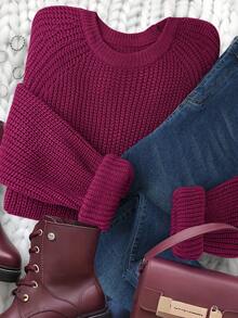 INAWLY Comfortable Plus Size Purple Long Sleeve Pullover Knitwear Rib-Knit Sweater Round Neck Fall Winter - Purple - View 1