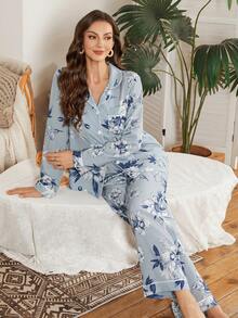 Serenescape 女士印花泡泡领开衫和裤子睡衣套装，度假风 - 彩色 - 查看 5