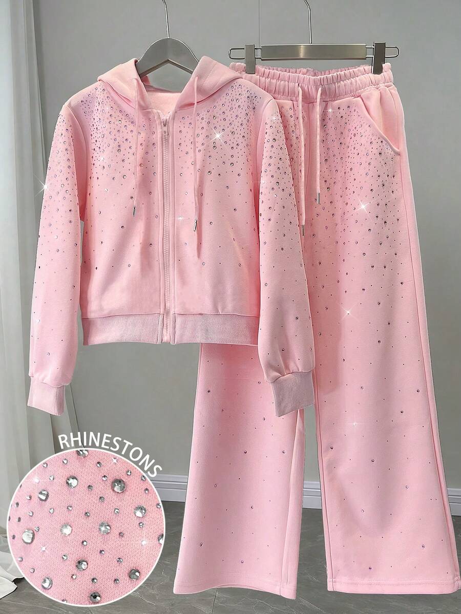 Resyla Women's Autumn Rhinestone Embellished Zip-Up Hoodie And Drawstring Pants Casual 2 Pieces Set - Pink - View 1