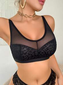 1件女士性感黑色蕾丝豹纹网纱拼接吊带背心内衣 - 黑色 - 查看 4