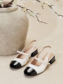 Solezae #巴黎风情 女士法式优雅方头粗跟双色PU黑白露跟高跟鞋——简约别致，永恒优雅，充满女人味。 - 白色 - 查看 6