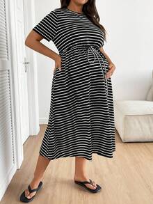 Plussiva 大码孕妇条纹圆领短袖抽绳腰休闲连衣裙 - 黑色 - 查看 5