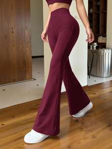 SHEIN EZwear Wine Red Knitted Women's Skinny Flare Pants - Burgundy - View 3
