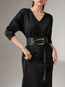 Heiryn V-Neck Waist Cinched Slimming Elegant & Comfortable Dress - Black - View 5