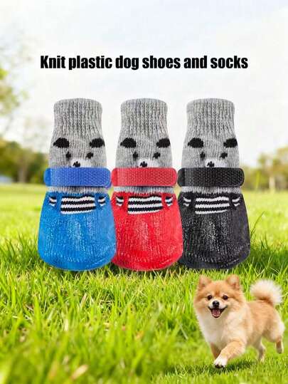 PETSIN 4只装宠物防水袜，防滑防抓，保暖柔软透气，耐磨可重复使用，易于穿脱，弹性袜口，经久耐用，舒适贴合小型犬、猫咪、幼犬、幼猫，不褪色，宠物专用鞋，非常适合宠物领养日、日常室内外散步、跑步、玩耍，尤其适合冬季寒冷天气。防滑鞋底，保护爪子免受寒冷潮湿地面、污垢和伤害，宠物必备保暖鞋套。