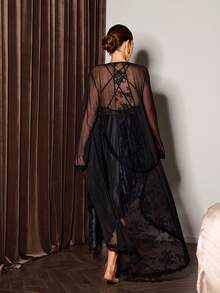 Slumberist Lace Trim Faux Silk Nightgown With Criss-Cross Back And Asymmetric Hem, And Floral Lace Trim Sheer Robe Sleepwear Set Sexy 2piece Nightgown Robe Lingerie Set Black Silk Robe Mesh Robe - Black - View 2