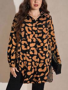 SHEIN LUNE 大码女式豹纹长袖单排扣休闲上衣 猎豹纹女式豹纹秋冬动物纹猎豹纹衬衫 - 棕色 - 查看 6