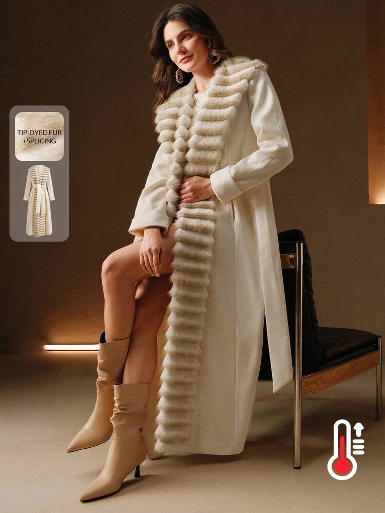 Women's New Detachable Cat Patchwork Collar Elegant Fashionable Long Woolen Coat, Suitable For Autumn, Fall, Winter, Going Out, Formal, Party, Chic, New Year, Christmas, Work, Graduation, Wedding