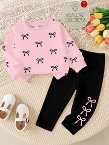 2pcs Baby Girl Set, Minimalist Cute Bow Print Crew Neck Long Sleeve Sweatshirt & Bow Print Leggings Pants Outfit, Suitable For Outings In Autumn/Winter - Multicolor - View 3