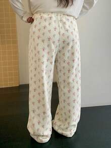 Dazy Plus Thermal Lined Loose Straight Leg Ditsy Floral Pajama Bottoms, Casual Sleepwear For Women Plus Size, Autumn/Winter - Apricot - View 2