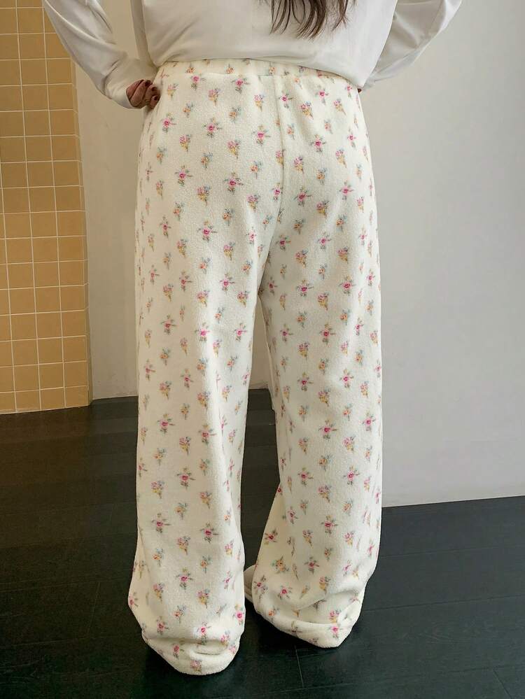 Dazy Plus Thermal Lined Loose Straight Leg Ditsy Floral Pajama Bottoms, Casual Sleepwear For Women Plus Size, Autumn/Winter