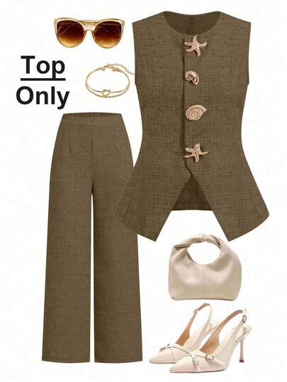 Ellevyn 贝壳与星形纽扣无袖优雅衬衫