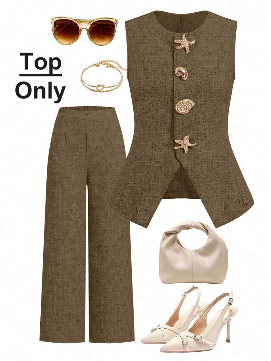 Ellevyn 贝壳与星形纽扣无袖优雅衬衫 - 棕色 - 查看 1