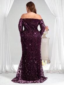 Coutiva فستان سهرة طويل الأكمام مكشوف الكتف مزين بالترتر للنساء ذوات الحجم الكبير (مزخرف بشكل كبير) - الأرجواني - مشاهدة 2