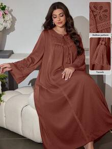 Al Najma V-Neck Drawstring Flare Sleeve Embroidery Patchwork Dress, Spring/Autumn - Rust Brown - View 2