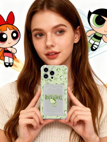 THE POWERPUFF GIRLS X SHEIN Transparent Cute Cartoon Buttercup,Flying Heroic Chicks Printed Soft Phone Case With Card Holder, Compatible With IPhone, Edgy Cute Style For Cartoon Animation Enthusiasts, Ideal For Daily & Commute Use Or Gifting, Card Slot For Transit Card, Bank Card, Family Photo, Idol Photocards, Compatible With Iphone
