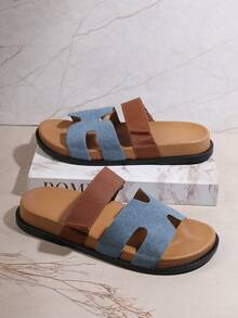 SHUZIA Giày sandal đế xuồng hở mũi, đế xuồng hai lớp, khóa dán, đế xuồng cho nữ - Màu xanh lam - Xem 4