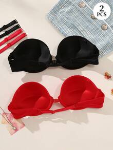DesireSculpt 2pcs Women Solid Color Simple Bra Set - Multicolor - View 2