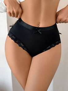 DesireSculpt Quần lót ren họa tiết nơ đen tương phản dành cho nữ 3 chiếc - màu đen - Xem 4