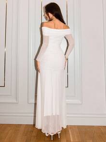 NOVVYNE 女式露肩褶饰腰部优雅婚礼/场合礼服 - 白色 - 查看 3
