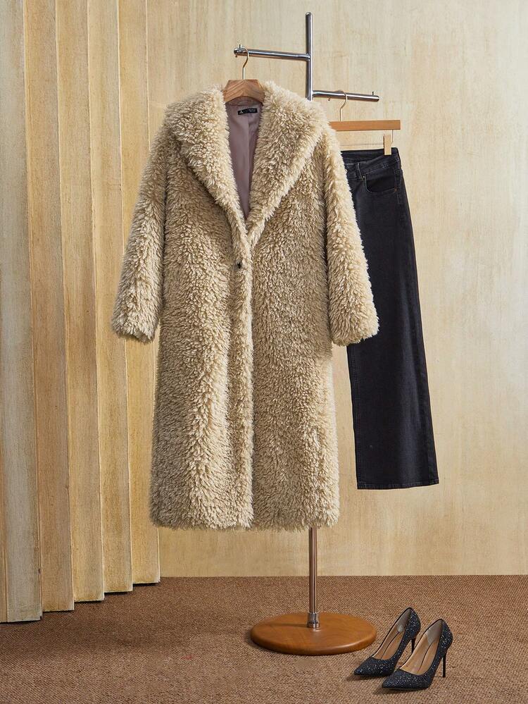Abrigo largo de mujer con cuello de peluche de imitación de piel de oso, color camello, adecuado para otoño, invierno, salir, elegante, formal, fiesta, elegante, Año Nuevo, abrigo de invierno para mujer, Navidad, trabajo, graduación, boda