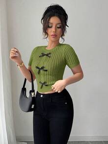 Elenzga Women's Hollow Out Soft Rope Knit Bow Decor Pullover Top, Suitable For Beach - Green - View 3