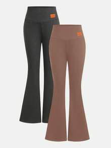 2 pièces Pantalon évasé taille haute avec doublure thermique et patch en PU, style décontracté et polyvalent pour les préadolescentes, automne/hiver - Acajou - Voir 11