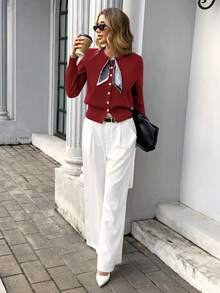 Pariaura 女士休闲单排扣长袖针织开衫，秋冬季 - 紅色 - 查看 3