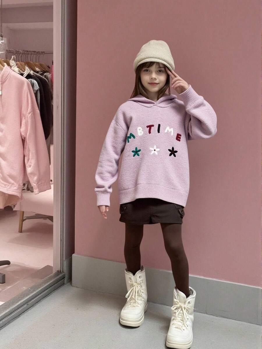 SHEIN 女童紫色连帽卫衣，刺绣休闲加厚套头针织衫，长袖，适合日常休闲穿着，秋冬季 - 紫色 - 查看 1