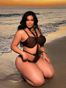 Swim SXY 大码性感镂空沙滩度假显瘦魅力连体泳衣 - 棕色 - 查看 5