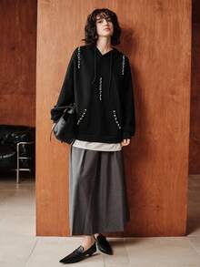 Uhlyne Uhlyne Women's Autumn Long Sleeve Hooded Black Knit Sweatshirt With Faux Pearl Decor, Elegant Versatile For Commuting, Back To School, Retro Casual Autumn - Black - View 6