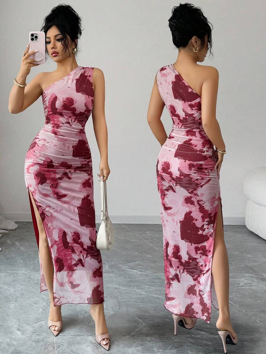 Elenzga 女士奢华晚礼服，扎染印花不对称领口无袖性感连衣裙 - 酒紅色 - 查看 1