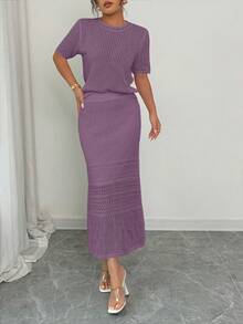 Elenzga 2025 New French Style White Hollow Out Short Sleeve Top + Skirt 2 Pieces Set, Spring - Purple - View 5